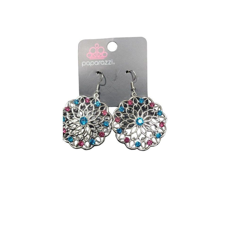 Paparazzi Dangle Earrings with Blue and Pink Rhinestones, NEW